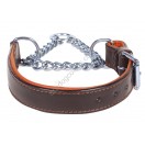 Adjustable PADDED Half check / Martingale Leather Dog Collar - Brown with Tan Lining. (Stainless Steel Chain)